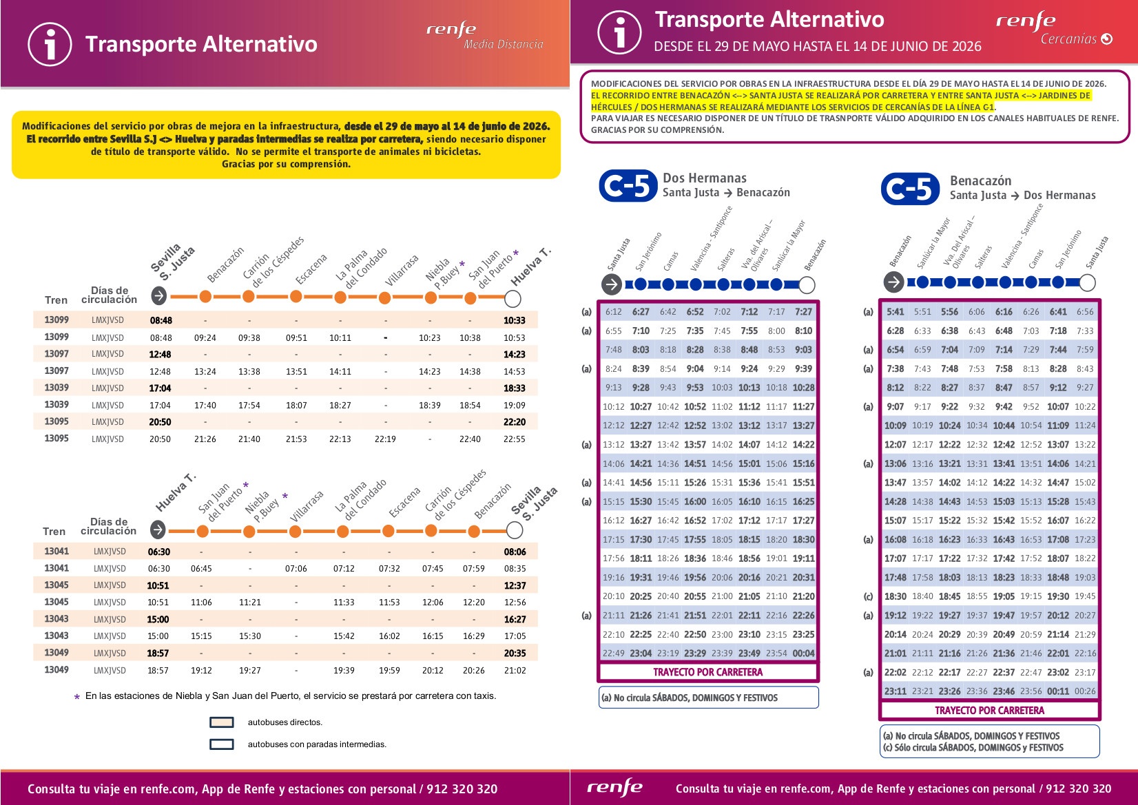 HORARIOS TRANSPORTE ALTERNATIVO MD SEVILLA-HUELVA y C5 MAYO-JUNIO DE 2026